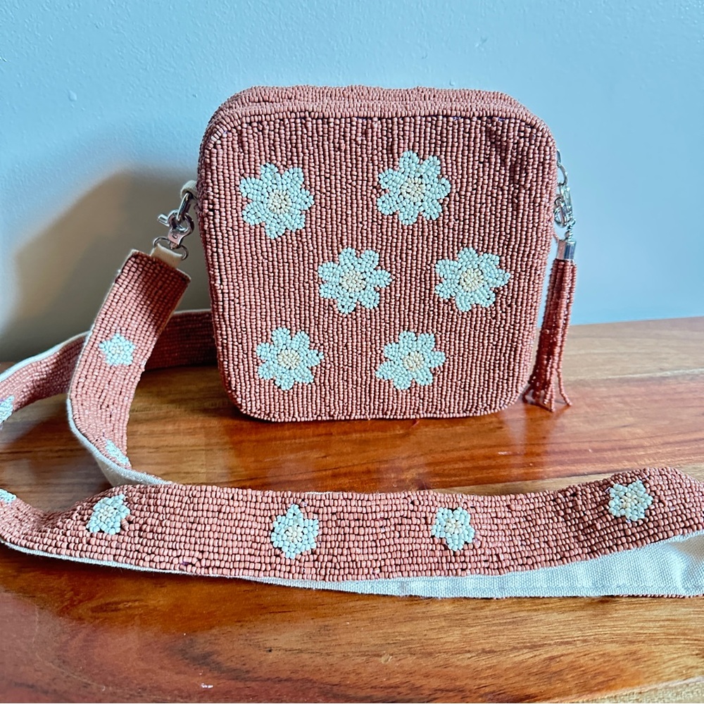 Chic Beaded Floral Crossbody Bag in Coral